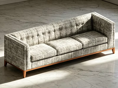 Three Seater Sofa With Plaid Fabric Tufted Back And Wooden Legs On Marble Floor 3d model