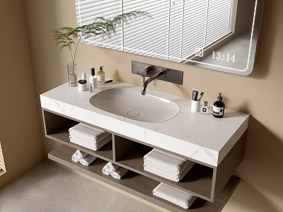 Modern Bathroom Vanity Cabinet With White Countertop Sink Faucet Mirror And Towel Storage 3d model