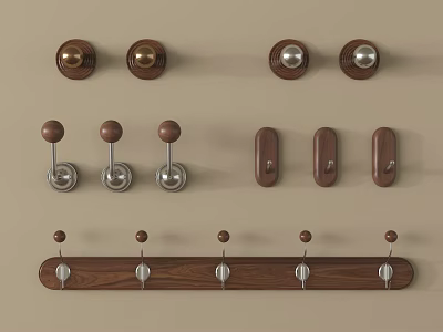 Wooden And Metal Wall Hooks In Single And Multiple Designs With Decorative Tops 3d model