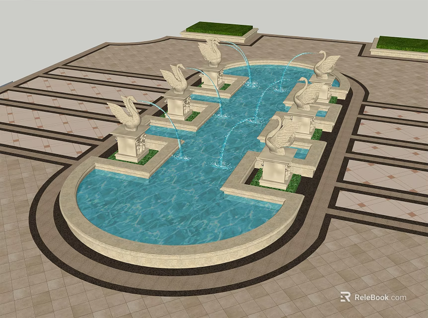 Elegant Fountain With Statues Flowing Water Stone Steps And Green Lawns 3d model 