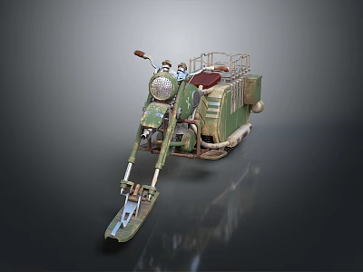 Vintage Green Three Wheeled Motorcycle With Metal Sidecar Cargo Carrier And Headlight 3d model