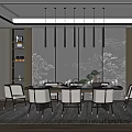 Modern Restaurant Interior With Dining Table Chairs Pendant Lights And Decorative Wall Art