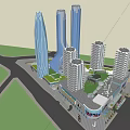 Modern Mixed Use Commercial Complex With High Rise Towers And Retail Spaces