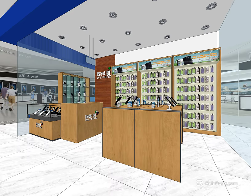 Modern Digital Store Interior With Bright Lighting Wooden Counter And Electronic Display Shelves 3d model 