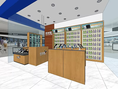 Modern Digital Store Interior With Bright Lighting Wooden Counter And Electronic Display Shelves 3d model