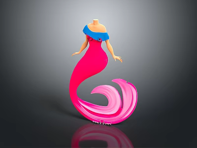 Elegant 3D Mermaid Character With Blue Shoulder And Pink Curly Tail 3d model
