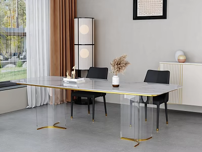 Modern Dining Table And Chairs With White Marble Tabletop Clear Acrylic Legs And Black Seats 3d model