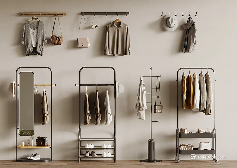 Stylish Clothing Display With Racks Mirrors And Accessories 3d model 
