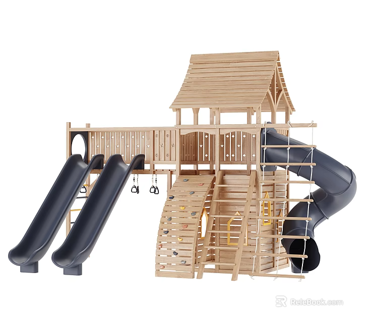 Wooden Outdoor Play Equipment with Double Slides Climbing Wall and Cabin Roof 3d model 