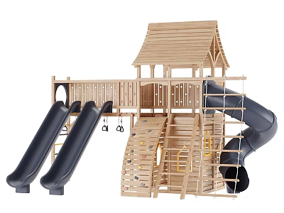 Wooden Outdoor Play Equipment with Double Slides Climbing Wall and Cabin Roof 3d model