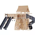 Wooden Outdoor Play Equipment with Double Slides Climbing Wall and Cabin Roof