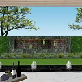 Modern Garden Landscape Design With Lush Hedge Stone Wall Lighting Trees And Water Reflection
