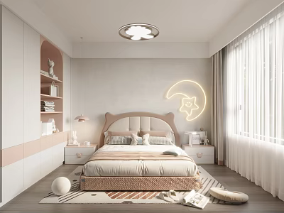 Cozy Kids Room Interior Design With Soft Tones Bed Moon Shaped Light Bookshelf And Rug 3d model
