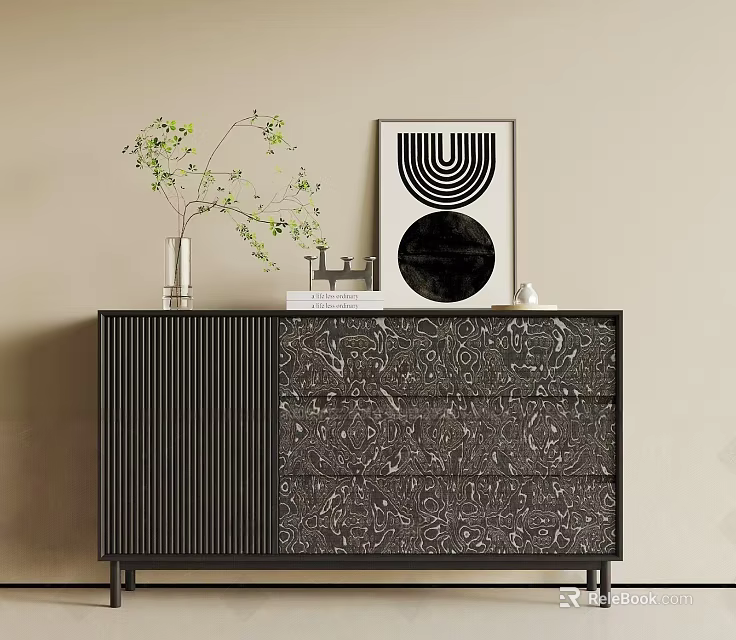 Modern Entryway Console Table With Marble Texture Decorative Potted Plant And Geometric Artwork 3d model 