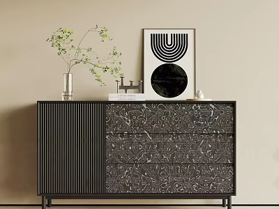 Modern Entryway Console Table With Marble Texture Decorative Potted Plant And Geometric Artwork 3d model