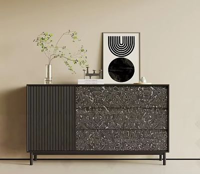 Modern Entryway Console Table With Marble Texture Decorative Potted Plant And Geometric Artwork 3d model