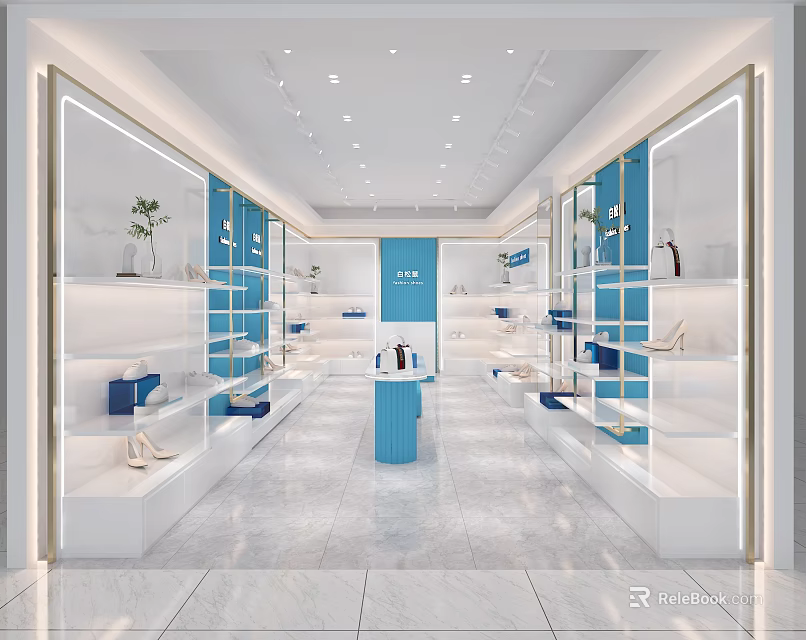 Modern Shoe Store Interior With Blue And White Shelves Display Counter And Plants 3d model 