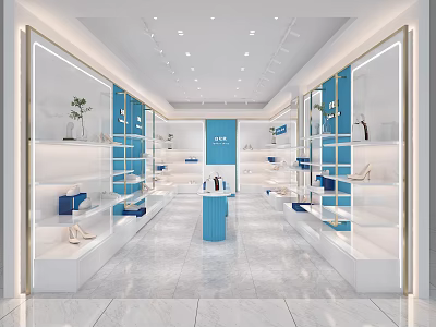 Modern Shoe Store Interior With Blue And White Shelves Display Counter And Plants 3d model