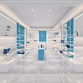 Modern Shoe Store Interior With Blue And White Shelves Display Counter And Plants