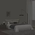Double Bed with Beige Upholstered Headboard Pillows Nightstands and Black Floor Lamp in Light Room