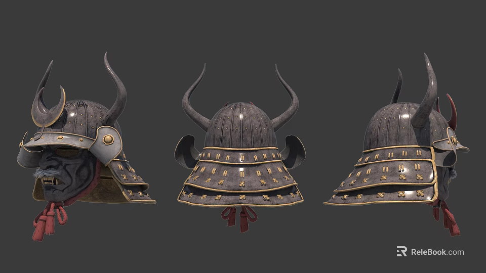 Antique Samurai Warrior Helmets With Horns And Metal Decorative Details 3d model 