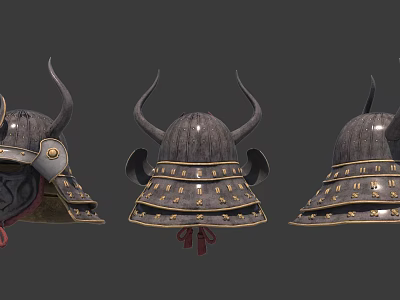 Antique Samurai Warrior Helmets With Horns And Metal Decorative Details 3d model