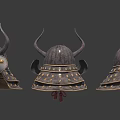 Antique Samurai Warrior Helmets With Horns And Metal Decorative Details