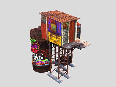 Cartoon Scene Featuring Colorful Graffiti Barrel And Small Shack On Metal Frame 3d model