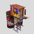 Cartoon Scene Featuring Colorful Graffiti Barrel And Small Shack On Metal Frame