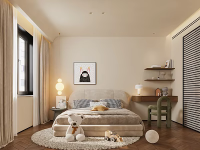 Cozy Kids Room Interior With Soft Bed Plush Toy Rug Desk Chair And Wall Art 3d model
