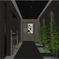 Elevator Corridor Modern Dark Design With Bamboo Plants Decorative Sculptures And Lighting Strips 3d model