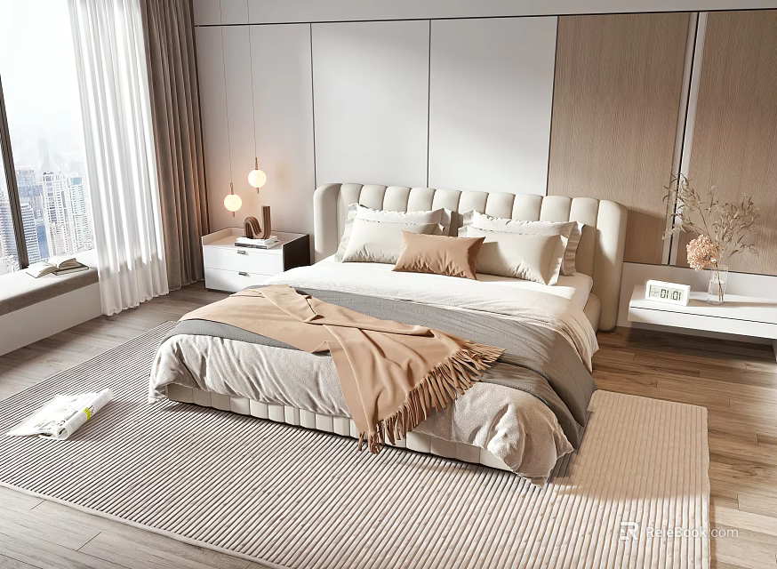 Modern Double Bed With Upholstered Headboard Pillows Throw Blanket Nightstands And Large Window 3d model 