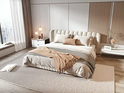 Modern Double Bed With Upholstered Headboard Pillows Throw Blanket Nightstands And Large Window 3d model