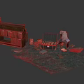 Rustic Small Cabin Scene With Chair Trunk And Books On Ground 3d model