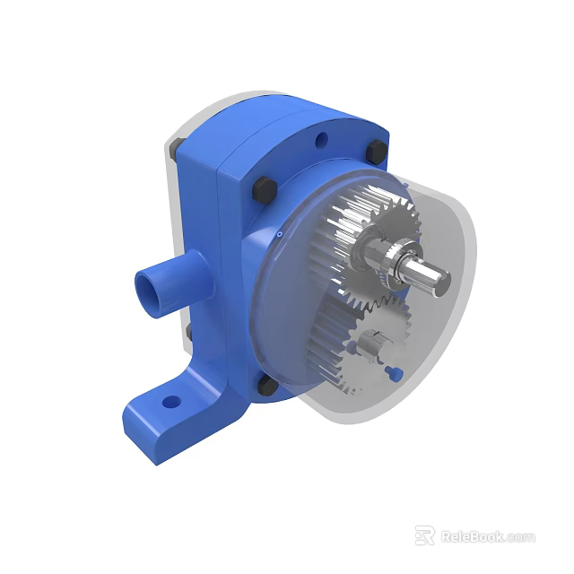 Blue Mechanical Gearbox With Transparent Cover Internal Gears And Connection Port 3d model 