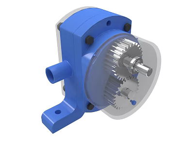 Blue Mechanical Gearbox With Transparent Cover Internal Gears And Connection Port 3d model