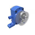 Blue Mechanical Gearbox With Transparent Cover Internal Gears And Connection Port