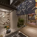 Japanese Traditional Interior With Cherry Blossom Ceiling Wooden Table Chairs And Decorative Elements