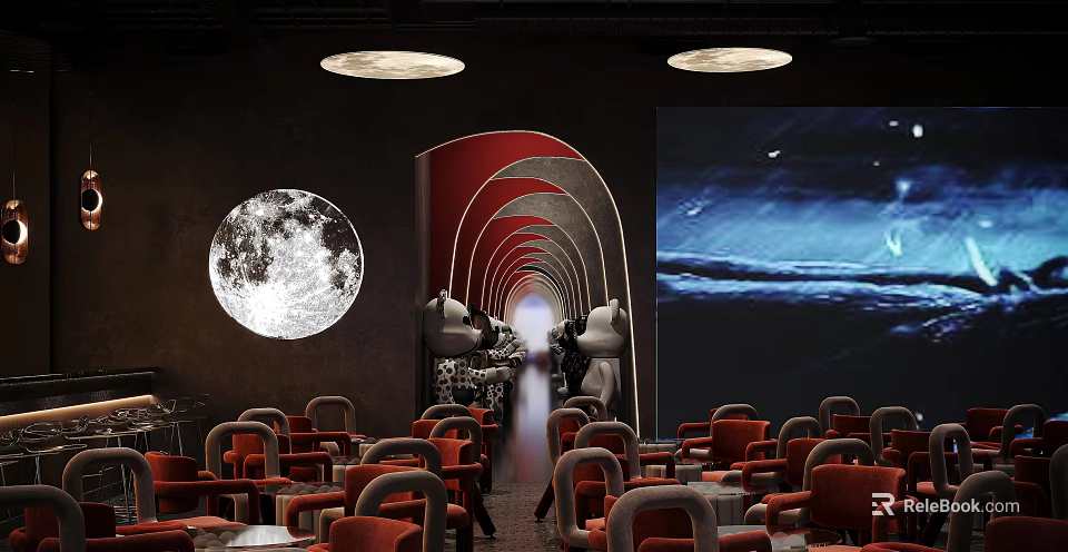 Modern Bar Interior Featuring Red Chairs Round Moon Decoration Arched Passageway And Ocean Wave Screen 3d model 