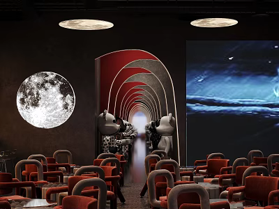 Modern Bar Interior Featuring Red Chairs Round Moon Decoration Arched Passageway And Ocean Wave Screen 3d model