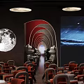 Modern Bar Interior Featuring Red Chairs Round Moon Decoration Arched Passageway And Ocean Wave Screen