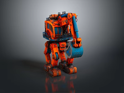 Orange Blue Mechanical Robot With Detailed Design And Mechanical Arm Tracked Legs 3d model
