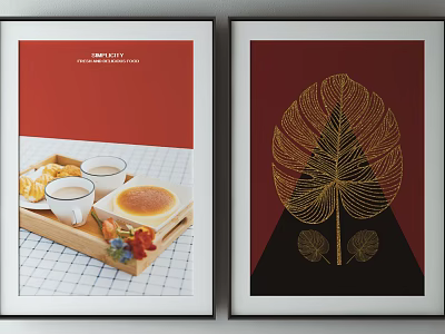 Two Decorative Wall Art Paintings with Coffee Tray Desserts Flowers and Golden Leaf Design 3d model