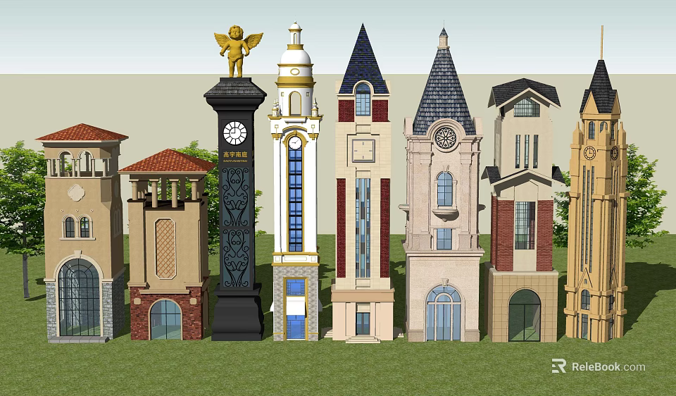 Various Stylish Towers With Clock Elements Pointed Roofs And Classical Designs 3d model 