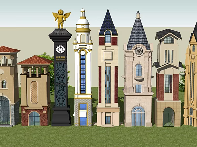 Various Stylish Towers With Clock Elements Pointed Roofs And Classical Designs 3d model