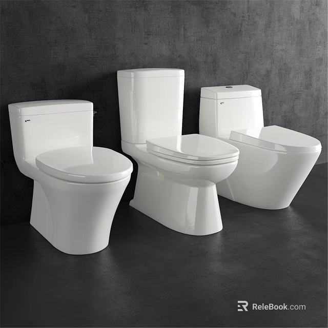 Three Modern White Toilets Display Sleek Design Against Dark Wall And Floor 3d model 