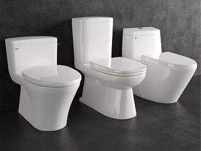 Three Modern White Toilets Display Sleek Design Against Dark Wall And Floor 3d model