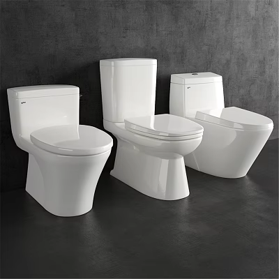 Three Modern White Toilets Display Sleek Design Against Dark Wall And Floor 3d model