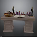 Wooden Writing Desk With Open Book Stacked Books Candles Small Bottles And Drawers