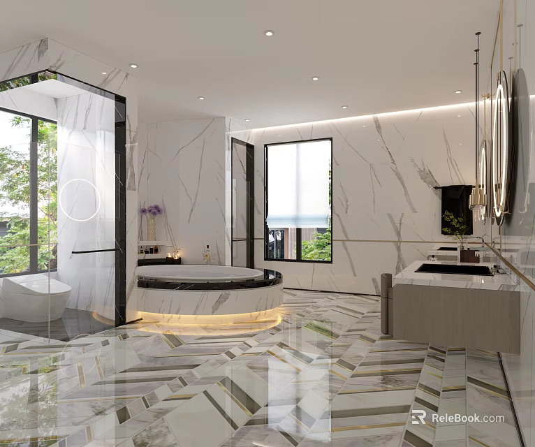 Modern Bathroom Interior Design With Marble Floor Bathtub Vanity And Large Windows 3d model 